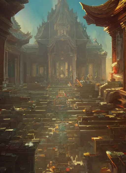 Prompt: a detailed matte painting of a temple interior, broken tiles, broken windows, digital art, immaculate scale, trending on artstation, peter mohrbacher