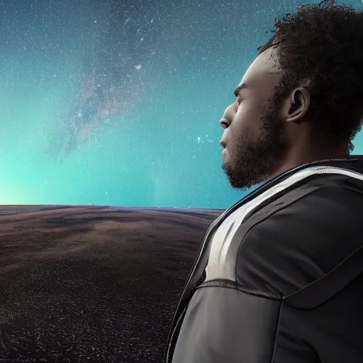 Image similar to a black man with long curly hair, with his back turned, walking into a deep dark florest, Andromeda Galaxy on the background sky, very realistic digital art, wide panoramic shot, 8k, 4k, realistic, detailed, artstationHD, artstationHQ
