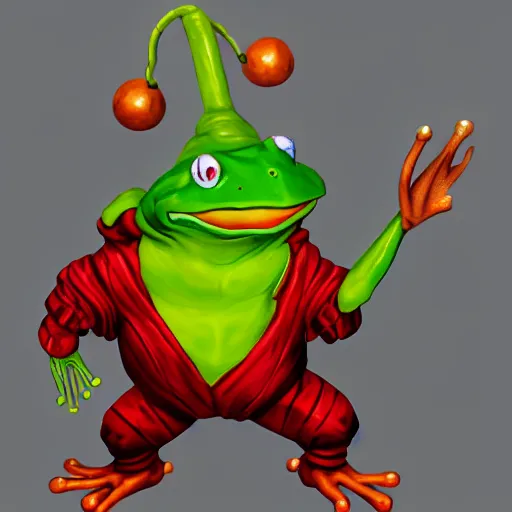 Image similar to character concep art of a humanoid frog butcher with a red coat as an enemy in spyro the dragon video game concept art, playstation 1 era, activision blizzard, 4 k resolution concept art