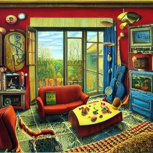 Image similar to a painting of a living room, a surrealist painting by jacek yerka, cgsociety, fantastic realism, maximalist, surrealist, detailed painting