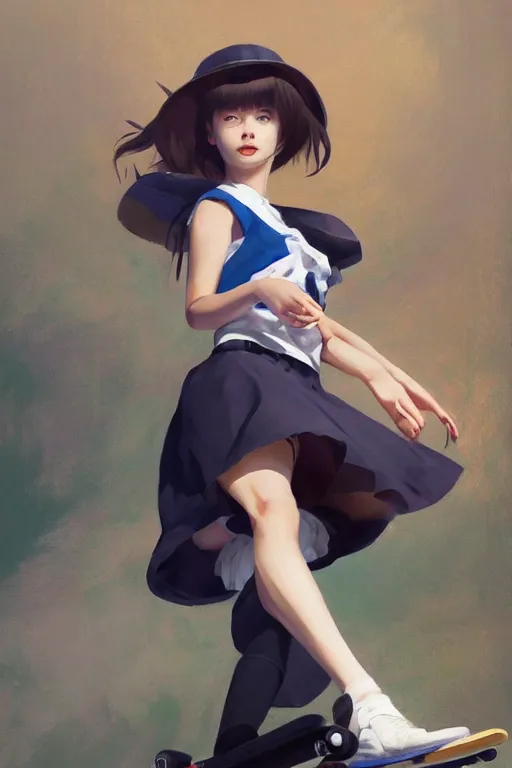 Image similar to A ultradetailed beautiful panting of a stylish woman in a maid outfit skateboarding, Oil painting, by Ilya Kuvshinov, Greg Rutkowski and Makoto Shinkai