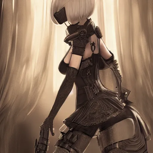 Image similar to Jennifer Aniston as 2B nier automata, cute, intricate, elegant, highly detailed, digital painting, 4k, HDR, concept art, smooth, sharp focus, illustration,