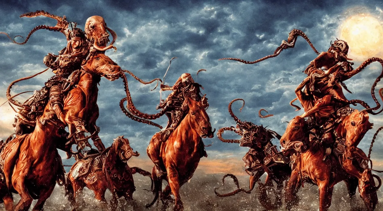 Image similar to an octopus riding a horse leading the charge, epic, John Carpenter