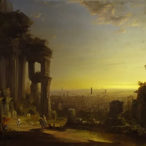 Prompt: vista of a city at sunset, the city is a sprawling renaissance city that is built on the rolling hills of a wide bay amidst cyclopean mausoleums with the rainforest at its edges, rpg, hubert robert, cityscape, vista, dying earth, reclaimed ruins