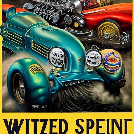 Image similar to beautiful lifelike painting of the wizard of speed and time, hyperreal detailed facial features and uv lighting, art by ed roth and basil wolverton