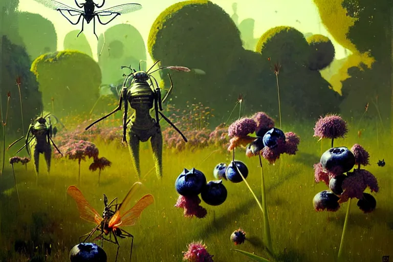 Prompt: surreal painting by craig mullins and greg rutkowski, garden flowers + blueberries + long grass + garden dwarfs fighting with giant mosquito, 7 0's vintage sci - fi flat design, cinematic