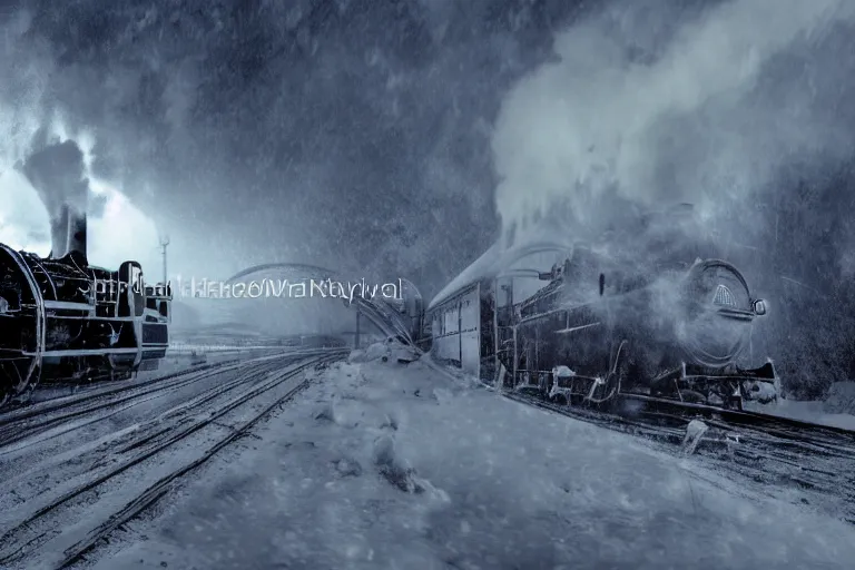 Image similar to an old steam engine is rushing through the snow storm in high speed, white steam on the side, and dark smoke with fire from the pipes, dynamic angled shot, low angle, wide shot, speed lines, fire particles and snowflakes everywhere, 8k, hyperrealistic, ultra sharp, octane render, unreal engine, light breaks through the sky, epic mountains in the background, artstation, very detailed, 16k, cinematic scenery,