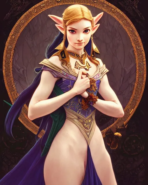 Image similar to portrait of disney zelda twilight princess, intricate, elegant, highly detailed, my rendition, digital painting, artstation, concept art, smooth, sharp focus, illustration, art by artgerm and greg rutkowski and alphonse mucha and uang guangjian and gil elvgren and sachin teng and wlop, symmetry!!