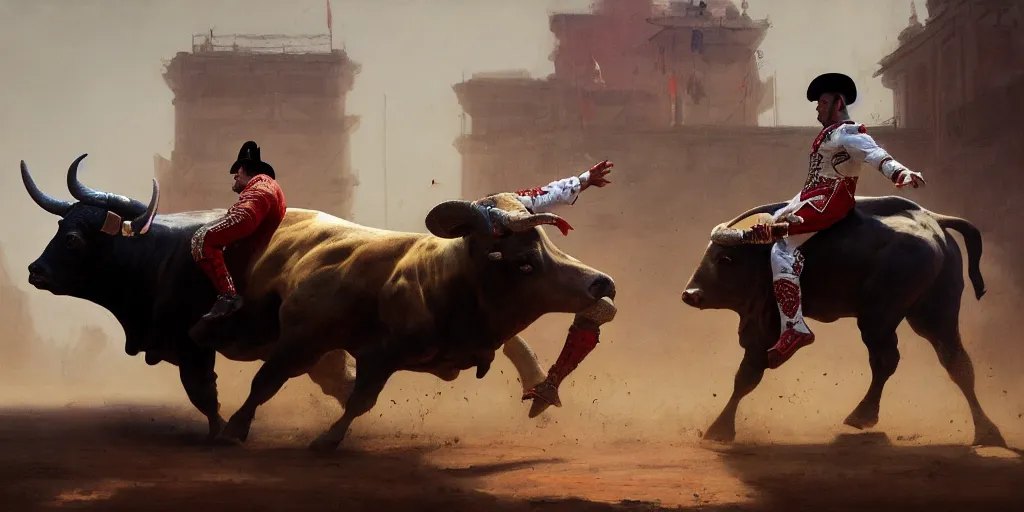 Image similar to a bullfighter fighting a bull in a bullring, mythology, extremely detailed digital painting, in the style of goya and ruan jia and jeremy lipking and peter mohrbacher, mystic colors, edge light, beautiful lighting, 4 k, scene dazzling, ray tracing, octane, trending on artstation