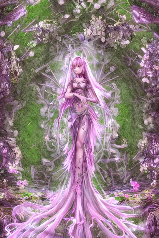 Image similar to cute female forest spirit wearing floral cybernetic hungarian valentino resort mystical angelic dress in a 3 d psx ps 2 jrpg style, overgrown esoteric cyber cathedral sanctuary, fashion gameplay screenshot, highly detailed, morning pink gold light