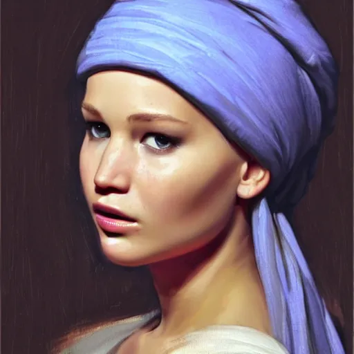 Image similar to portrait of Jennifer Lawrence in the style of Girl with a Pearl Earring by Johannes Vemeer, oil painting, masterpiece, old master, grand master, symmetrical facial features, intricate, elegant, digital painting, concept art, smooth, sharp focus, illustration, from StarCraft by Ruan Jia and Mandy Jurgens and Artgerm and William-Adolphe Bouguerea