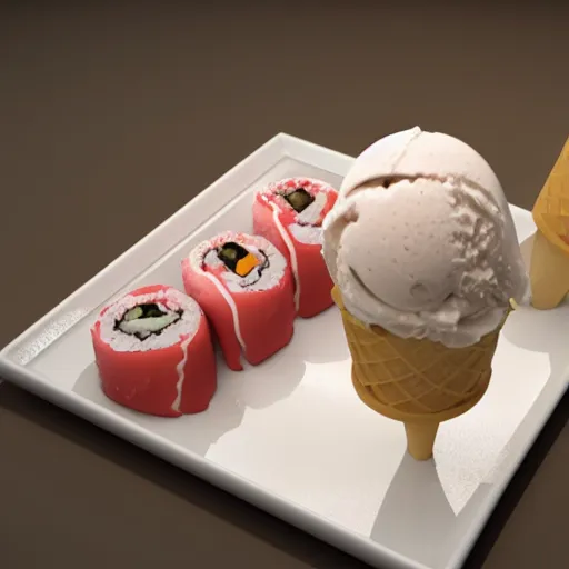 Prompt: ice cream made of sushi, 8 k, hyper realism, octane render