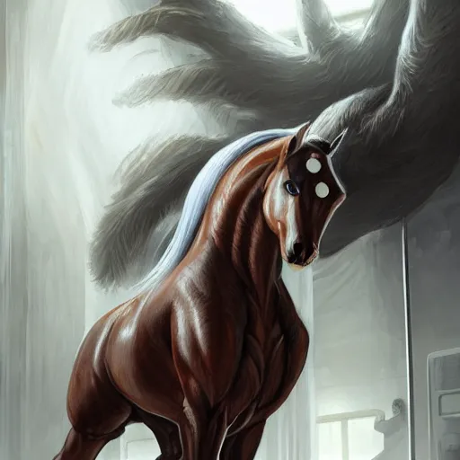 Image similar to an enormously muscular anthro horse test subject in a research facility wearing a skintight body armor having steroids injected into him, long white mane, equine, anthro art, furaffinity, highly detailed, digital painting, artstation, concept art, illustration, art by artgerm, greg rutkowski, ruan jia