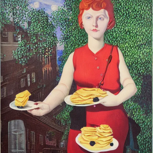 Prompt: tall emo female artist holding pancakes, in chippendale sydney, gold bars, maple syrup, snails, berries, pigs, octopus, acrylic on canvas, surrealist, by magritte and monet