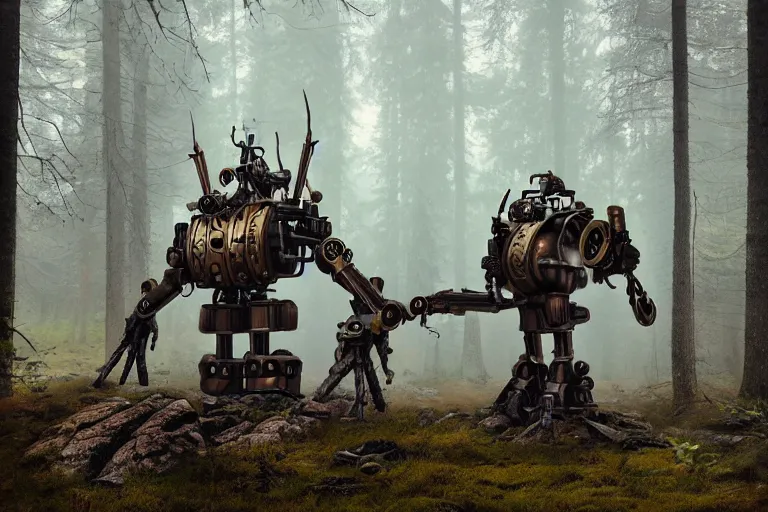Prompt: steampunk mech standing in a swedish forest, very low angle photograph, minimalist, brass plates, trending on artstation, realistic, soft colors, simon stålenhag
