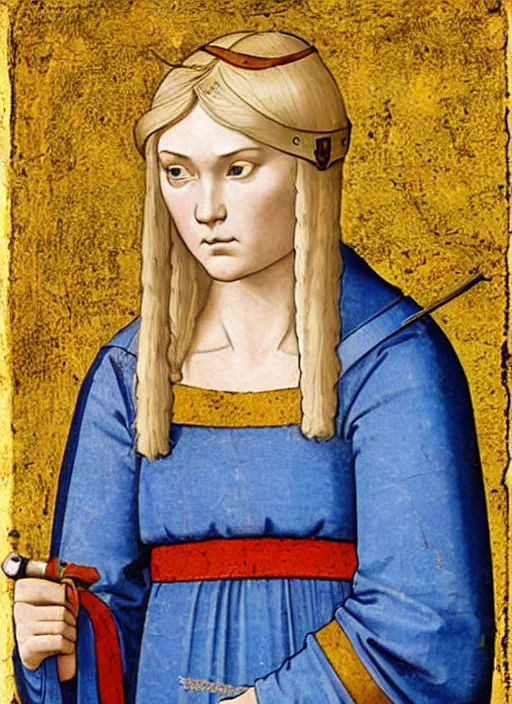 Image similar to young woman in medieval clothing, blue eyes and blond hair, a ribbon in her hair, armed with a sword. art by giotto,