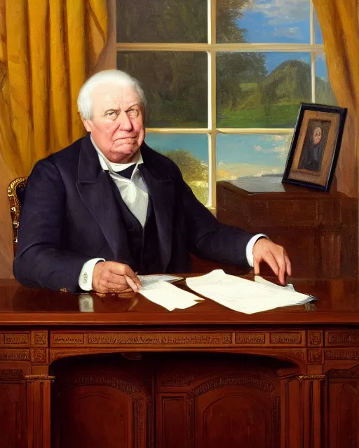 Prompt: facial portrait of the united states president, an ugly 7 8 year old wrinkled man for arizona, resolute desk, 1 8 4 8, oil on canvas by william sidney mount, trending on artstation, national archives