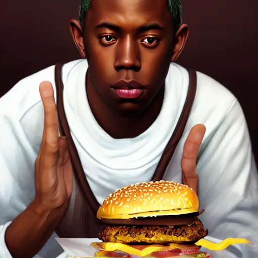 Image similar to portrait of tyler the creator eating hamburgers, extra onions and ketchup, luscious patty with sesame seeds, feminine ethereal, handsome, d & d, fantasy, intricate, elegant, highly detailed, digital painting, artstation, concept art, matte, sharp focus, illustration, art by artgerm and greg rutkowski and alphonse mucha