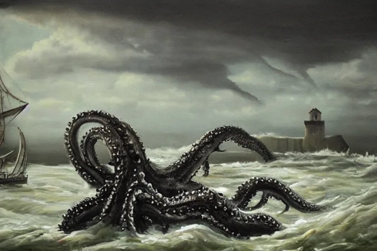 Prompt: a nightmarish oil painting of a kraken devouring the ancient home of the baby seals, dark ominous sky in the background, scary