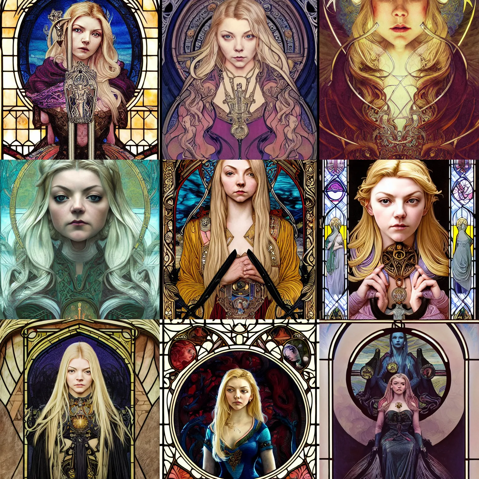 Prompt: masterpiece head-on symmetrical centered portrait, Elisha Cuthbert and Natalie Dormer as a paladin, blonde hair, art nouveau, gothic stained glass style, tarot card style, elegant, distant, in the style of Edgar Maxence and Ross Tran and Zdzisław Beksiński and Michael Whelan and Mucha and Gustave Doré, specular highlights, 8k, octane render