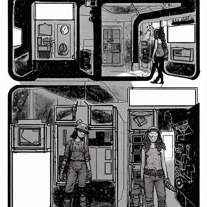 Prompt: sadie sink as a miner inside a minimalist old - fashioned automated kiosk with options to choose from. storyboard - style drawing scifi cyberpunk. by gabriel hardman, joe alves, chris bonura. cinematic atmosphere, detailed and intricate, perfect anatomy