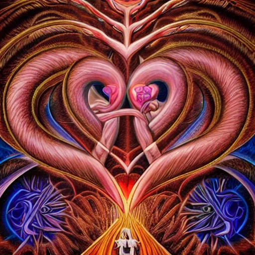 Image similar to medieval fantasy heart broken in two pieces, by alex grey, TOOL band art, psychedelic, fractals, detailed, 8K