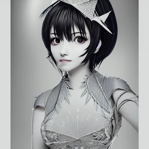 Prompt: the portrait of an absurdly beautiful, elegant, fashionable gravure idol made of white paper origami cranes, illustration by iralki nadar, extremely detailed intricate linework, reflective eyes, smooth, super sharp focus, bright colors, high contrast, matte, octopath traveler, unreal engine 5 octane rendered, global illumination, radiant light