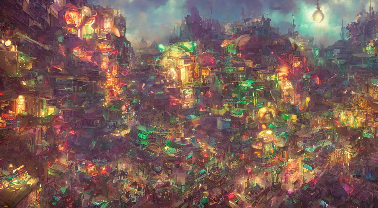 Image similar to bazaar zouk place aladin block greeble multicolorful sky shine mattepainting, street art, trending on artstation, by huang guangjian and gil elvgren and sachin teng