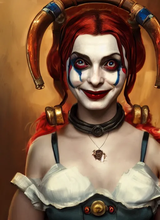 Image similar to bioshock victorian portrait of harley quinn, au naturel, hyper detailed, digital art, trending in artstation, cinematic lighting, studio quality, smooth render, unreal engine 5 rendered, octane rendered, art style by klimt and nixeu and ian sprigger and wlop and krenz cushart