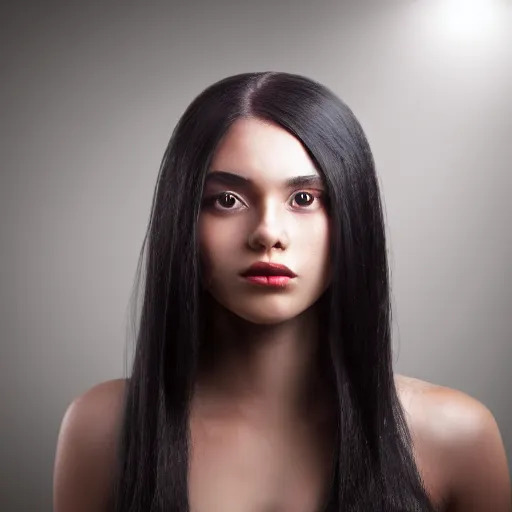 Prompt: A young woman with black colored long hair, volumetric lighting, 4k