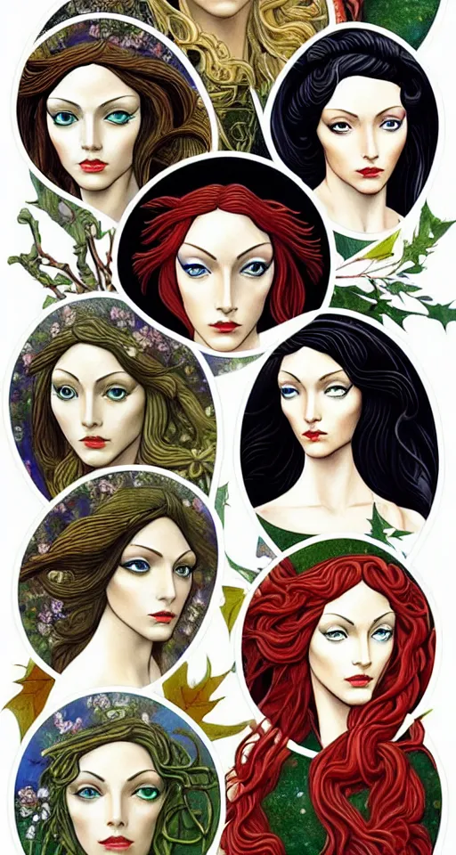 Image similar to 12 figures, representing the 4 seasons, (3 are Winter, 3 are Spring, 3 are Summer and 3 are Autumn), in a mixed style of Botticelli and Æon Flux!!, inspired by pre-raphaelite paintings, and cyberpunk!!!, stunningly detailed, stunning inking lines, flat colors, 4K photorealistic