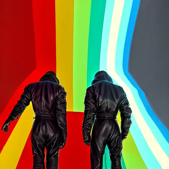 Image similar to two time pilots wearing red rick owens pilot suits inside the glowing geometric rainbow portal to the sixth dimension by frank frazetta