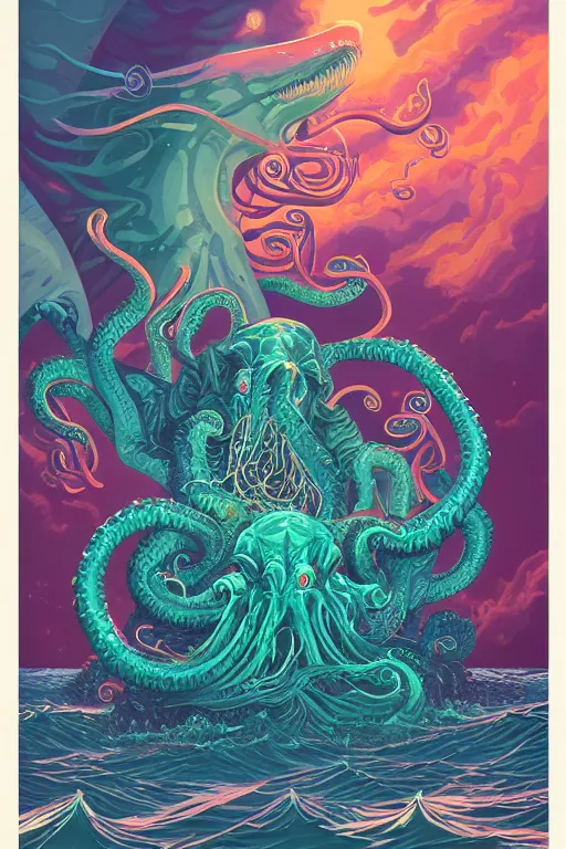 Prompt: a Cthulhu rising from the ocean crushing ships with tentacles, Tristan Eaton, victo ngai, artgerm, RHADS, ross draws