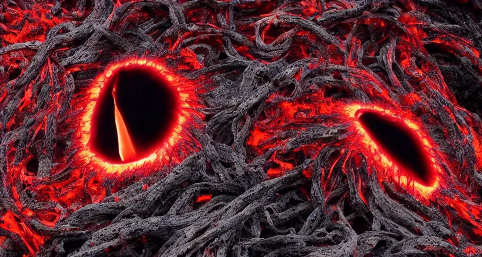 Prompt: a volcano made of ivory vines and crimson rocks enters in eruption, it spits a smoke in the shape of demonic eye, by Khara Inc