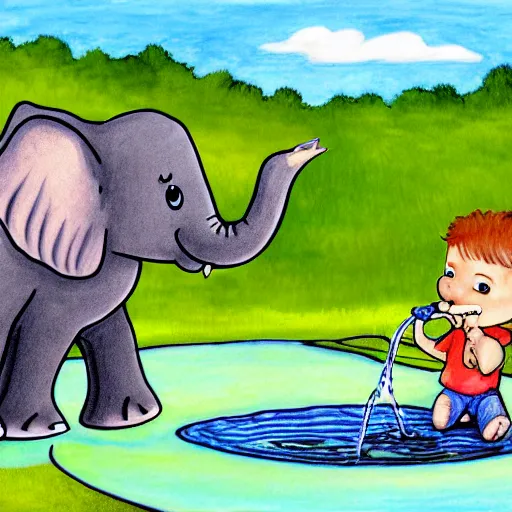 Prompt: a cartoon picture of a baby elephant drinking from a pond, a child's drawing by stan and jan berenstain, pixiv, furry art, childs drawing, furaffinity, storybook illustration