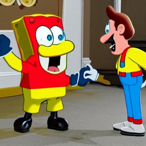 Prompt: Spongebob shaking hands with Mario