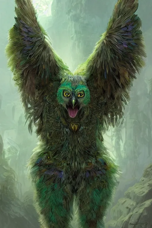 Prompt: a beautiful upper body shot from a fantasy film of a humanoid iridescent green owlbear wearing a loose tunic. an anthropomorphic owlbear. fantasy, frown, intricate, elegant, highly detailed, digital painting, artstation, concept art, matte, sharp focus, illustration, art by artgerm and greg rutkowski and alphonse mucha