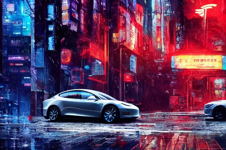 Prompt: a photo of a tesla car on a wet cyberpunk city street, hyper detailed, smooth, high contrast, volumetric lighting, octane, jim lee, craig mullins, vibrant rich deep color