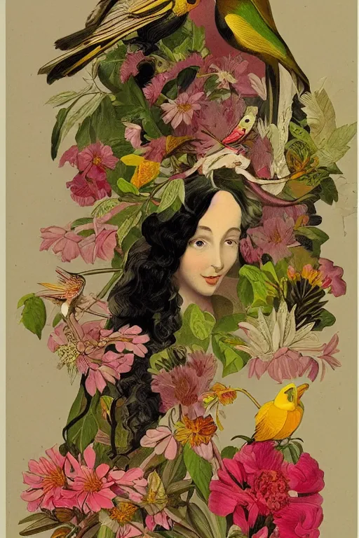 Image similar to beautiful girl Amalgamation with flowers, fruits, birds by Beto Val, John James Audubon, vintage illustration, bizarre compositions, Exquisite detail