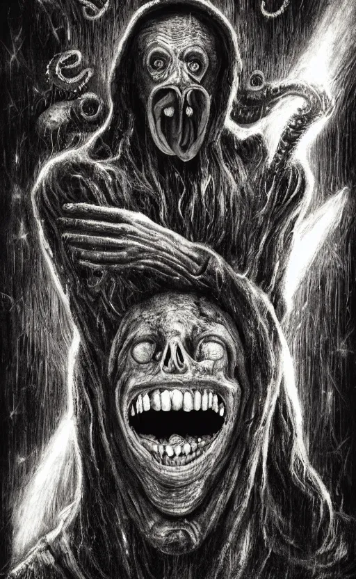 Image similar to portrait of lovecraftian smiling jerma, surrounded by beams of light dark background by wayne barlow, stanley donwood, anton semenov, zdzislaw bekinski, hr giger, 8 k, fantasy, dark, highly detailed