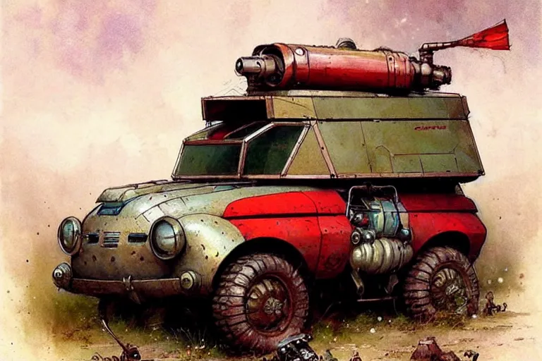 Image similar to adventurer ( ( ( ( ( 1 9 5 0 s retro future robot android mouse wagon rv offroad tank. muted colors. ) ) ) ) ) by jean baptiste monge!!!!!!!!!!!!!!!!!!!!!!!!! chrome red