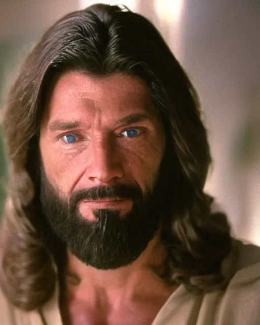 Prompt: film still close - up shot of vince mcmahon as jesus. photographic, photography