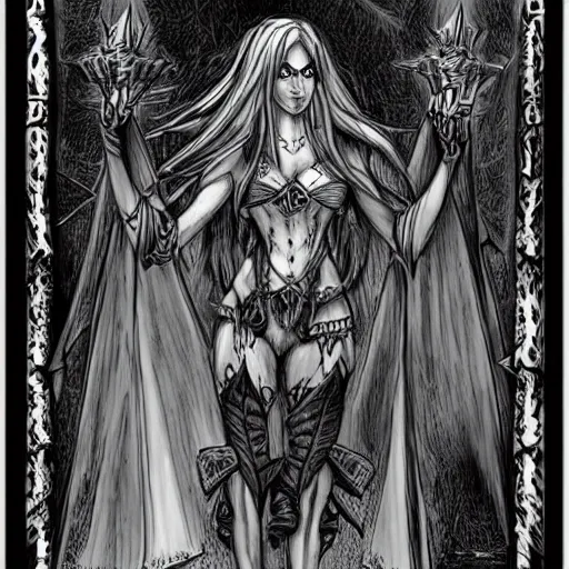 Image similar to dark elf sorceress who is summoning a demon in the style of warhammer fantasy : : head and shoulders drawing