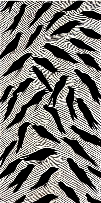 Prompt: flock of ravens made of black! rose petals!!, expressionist, album art, by bridget riley