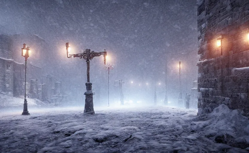 Image similar to the high city wall in the snowstorm, doomy, Unreal Engine, cinematic photography, highly-detailed, games of thrones, HBO, high resolution, 8k, photorealistic, stunning volumetric lighting