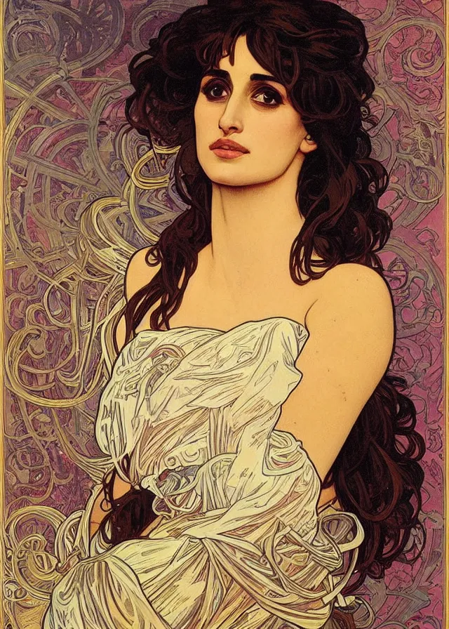 Image similar to portrait of penelope cruz, artwork by alphonse mucha