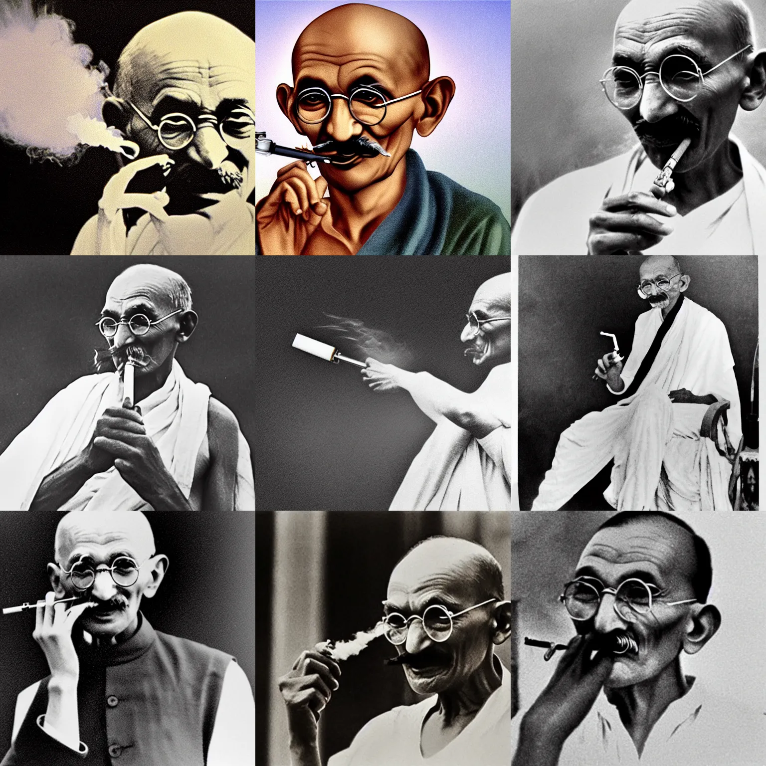 Prompt: Mahatma Gandhi smoking a vape cartridge