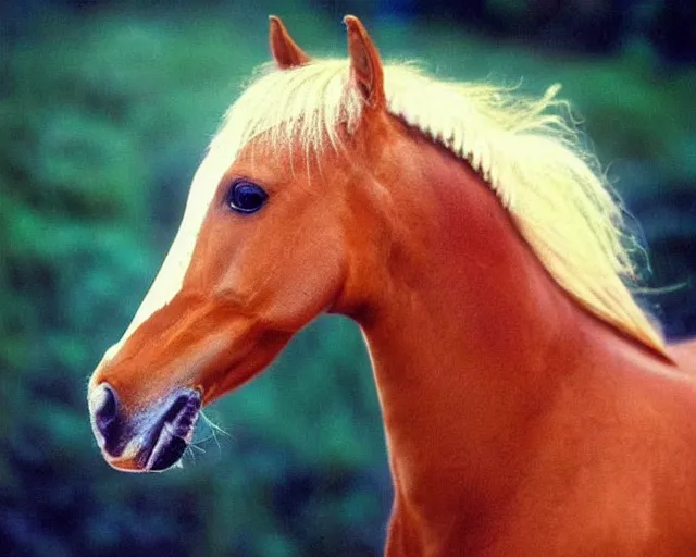 Prompt: soft lit 1990s fashion photograph of the most beautiful horse anyone has ever see, I mean this horse is so gorgeous that people cry when they see it because they're so overcome with the emotion of beholding it in all its splendor and glory. THE HORSE IS SELF AWARE