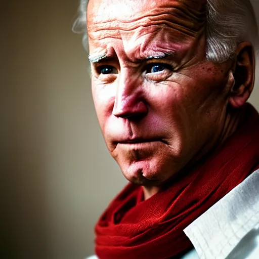 Image similar to portrait of president joe biden as afghan man, green eyes and red scarf looking intently, photograph by steve mccurry