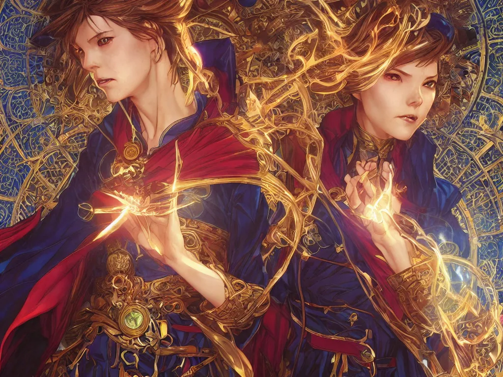 Image similar to anime key visual of one beautiful female doctor strange, marvel comics, spells, magic, intricate, inside magical temple stunning, highly detailed, digital painting, artstation, smooth, hard focus, illustration, art by artgerm and greg rutkowski and alphonse mucha